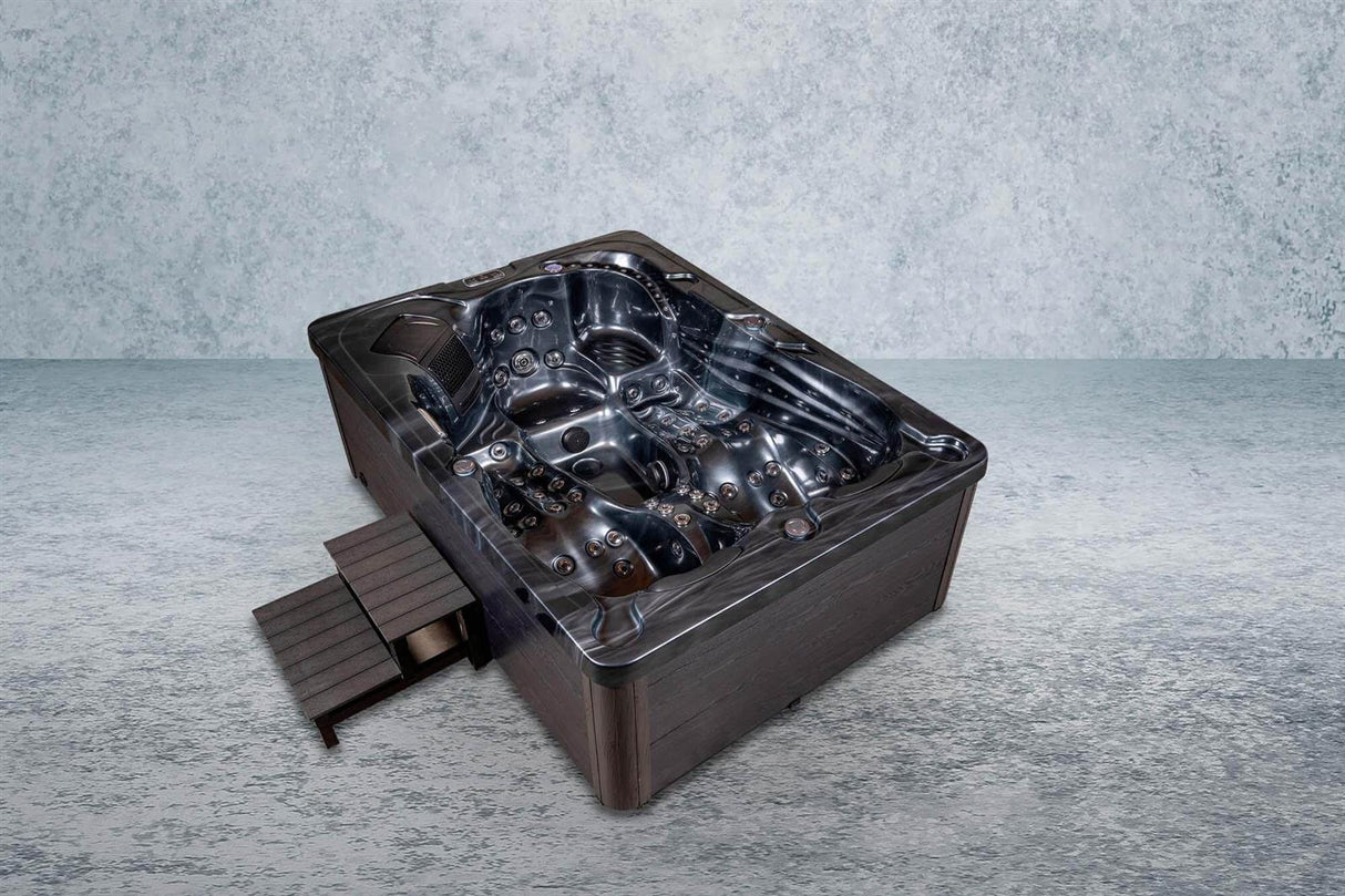 PureHaven American Outdoor-Whirlpool 220x156 cm für 3 Personen mit 77 Wasserdüsen und 10 Luftdüsen Thermoabdeckung LEDs Farbe PEARL Shadow Grey