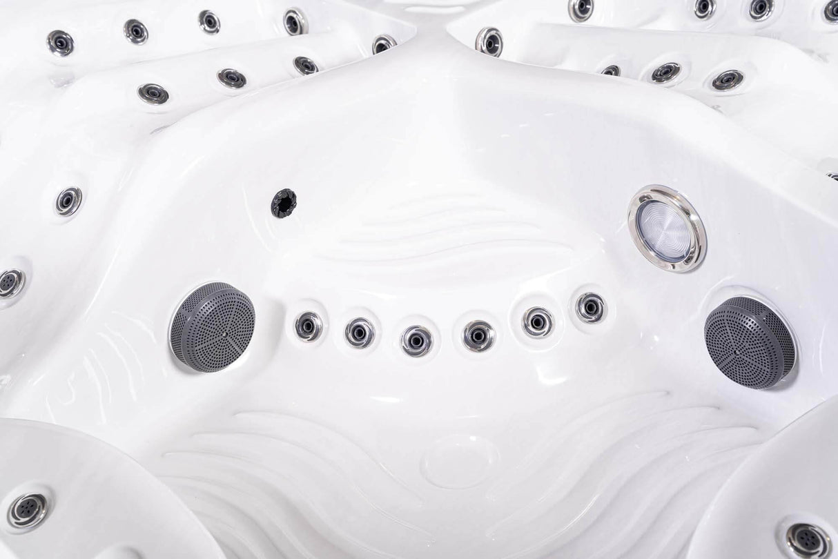 PureHaven Imperia American Outdoor-Whirlpool 230x230 cm für 6 Personen mit 71 Massagedüsen Heizung LEDs Thermoabdeckung Farbe Sterling Silber/Grau