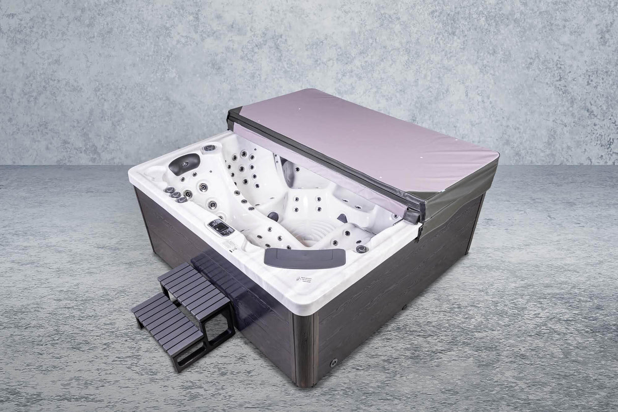 PureHaven Imperia American Outdoor-Whirlpool 230x230 cm für 6 Personen mit 71 Massagedüsen Heizung LEDs Thermoabdeckung Farbe Sterling Silber/Grau