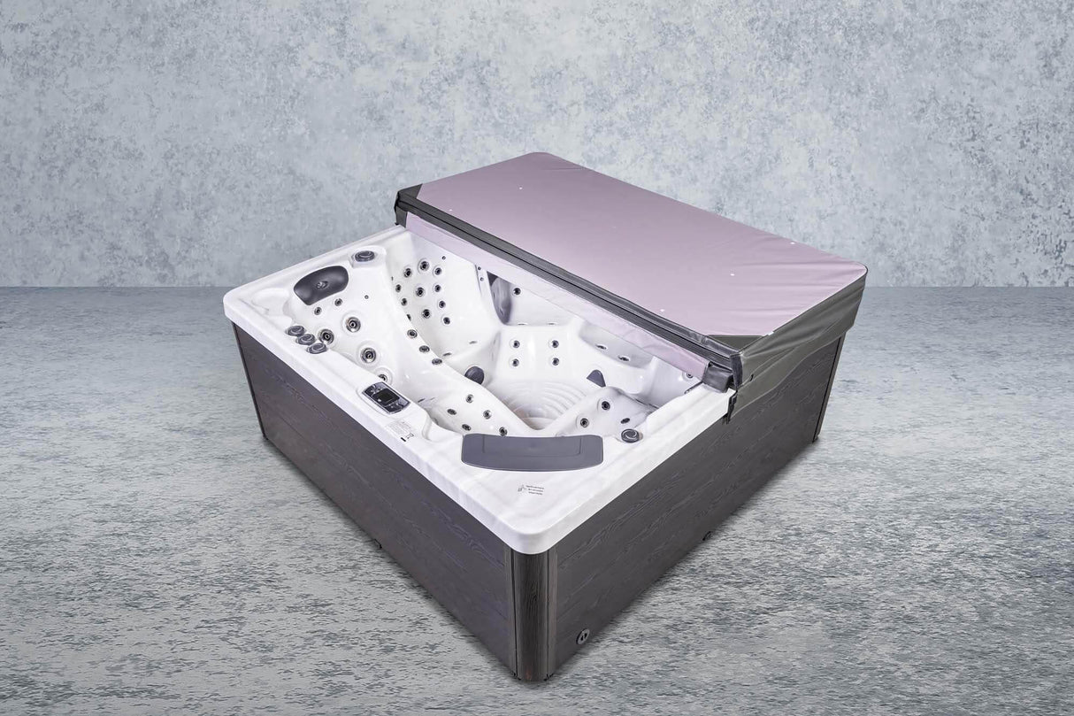 PureHaven Imperia American Outdoor-Whirlpool 230x230 cm für 6 Personen mit 71 Massagedüsen Heizung LEDs Thermoabdeckung Farbe Sterling Silber/Grau