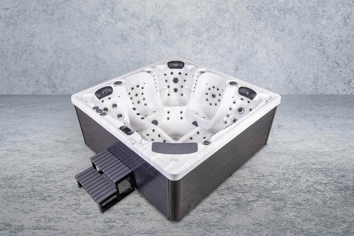 PureHaven Imperia American Outdoor-Whirlpool 230x230 cm für 6 Personen mit 71 Massagedüsen Heizung LEDs Thermoabdeckung Farbe Sterling Silber/Grau