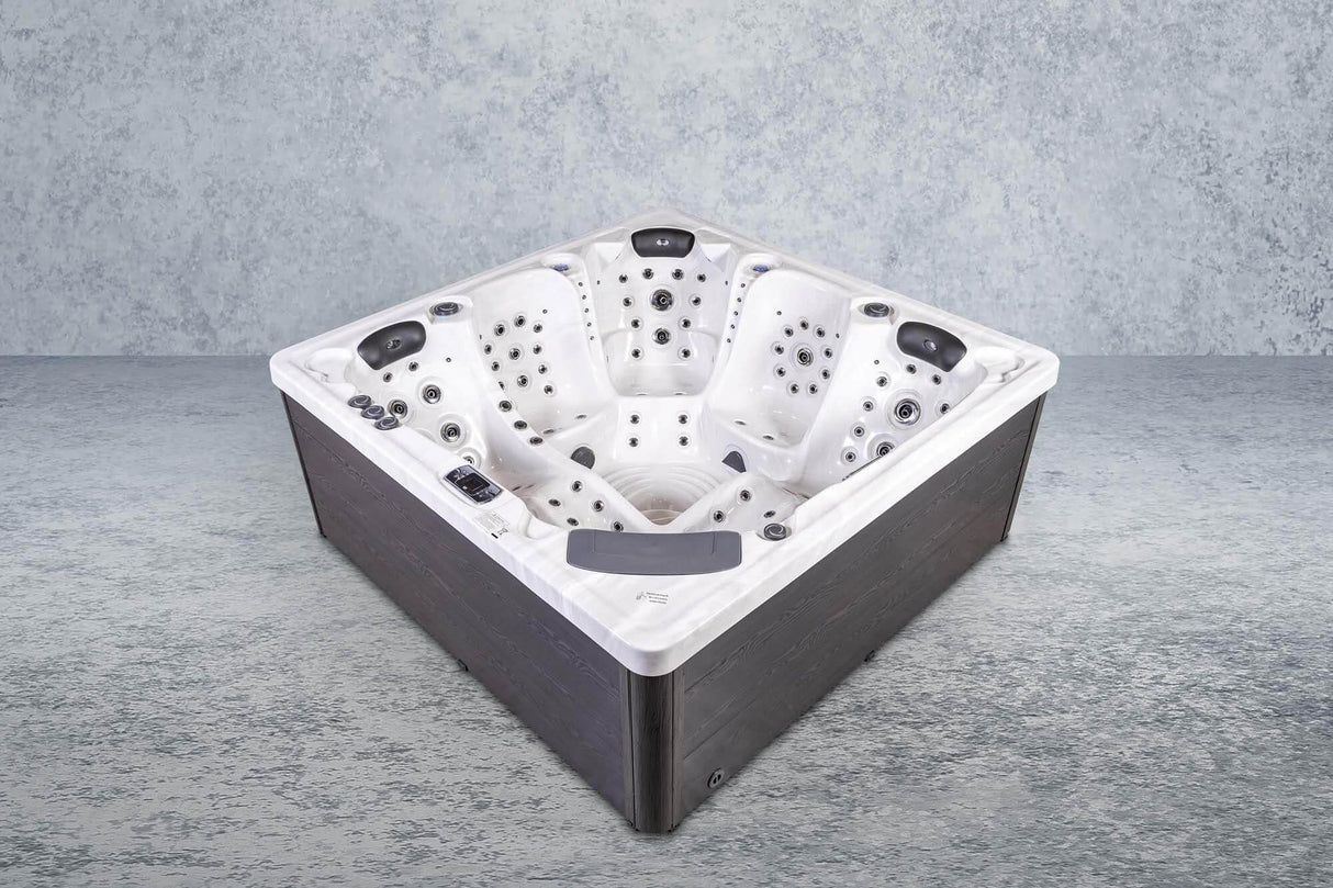 PureHaven Imperia American Outdoor-Whirlpool 230x230 cm für 6 Personen mit 71 Massagedüsen Heizung LEDs Thermoabdeckung Farbe Sterling Silber/Grau