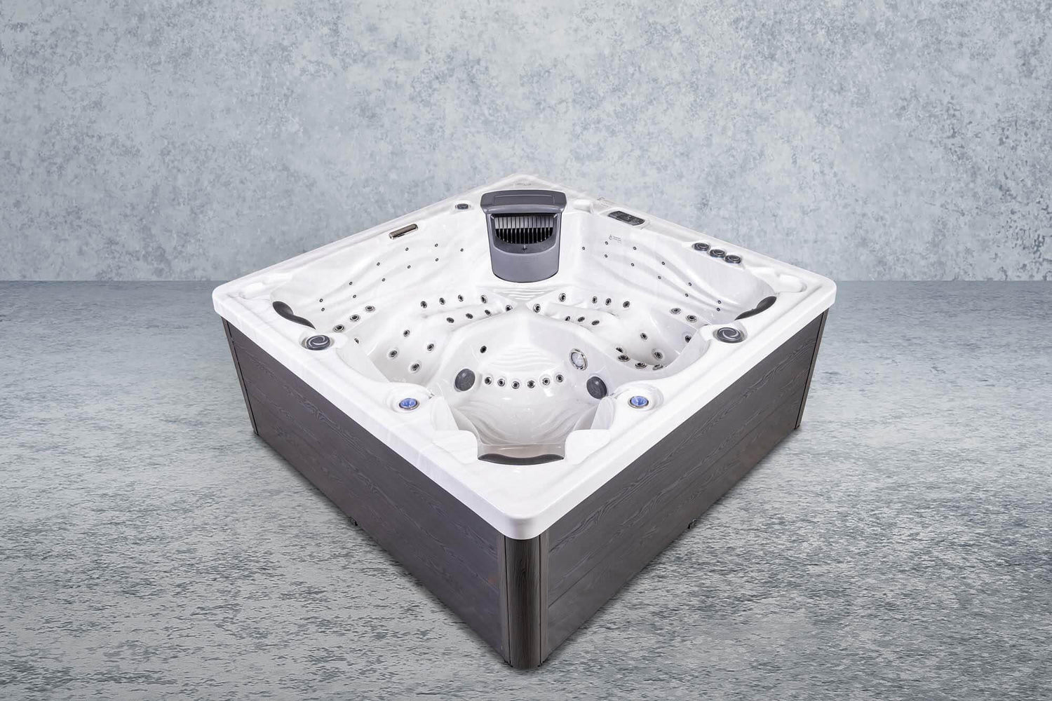 PureHaven Imperia American Outdoor-Whirlpool 230x230 cm für 6 Personen mit 71 Massagedüsen Heizung LEDs Thermoabdeckung Farbe Sterling Silber/Grau