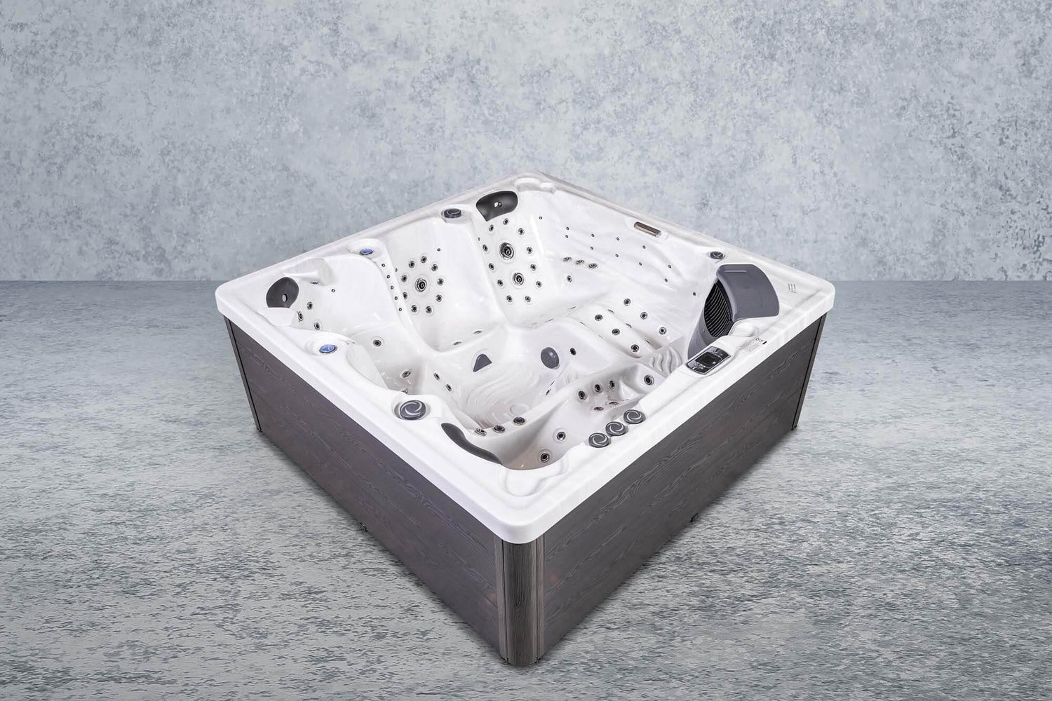 PureHaven Imperia American Outdoor-Whirlpool 230x230 cm für 6 Personen mit 71 Massagedüsen Heizung LEDs Thermoabdeckung Farbe Sterling Silber/Grau