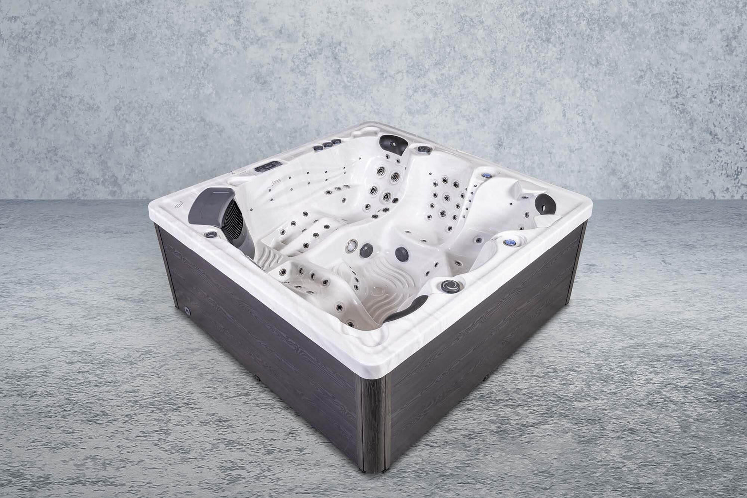 PureHaven Imperia American Outdoor-Whirlpool 230x230 cm für 6 Personen mit 71 Massagedüsen Heizung LEDs Thermoabdeckung Farbe Sterling Silber/Grau