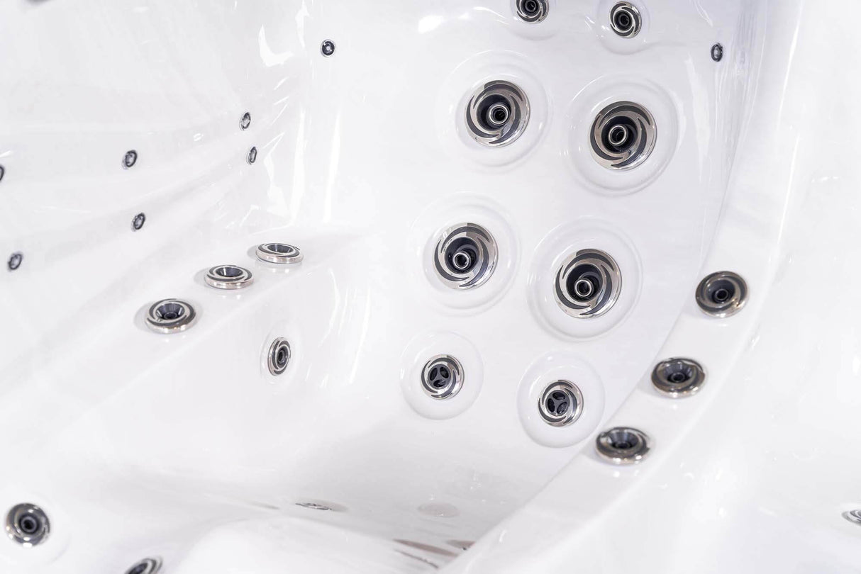 PureHaven Imperia American Outdoor-Whirlpool 230x230 cm für 6 Personen mit 71 Massagedüsen Heizung LEDs Thermoabdeckung Farbe Sterling Silber/Grau