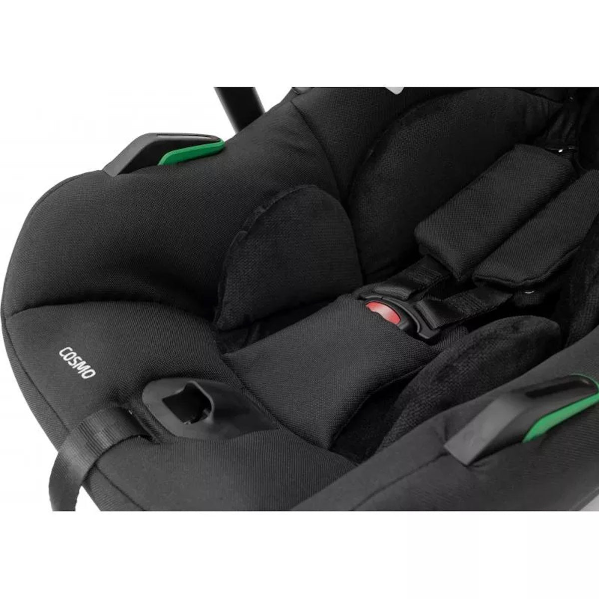 Frontalansicht eines modernen Kinderautositzes in Grau.