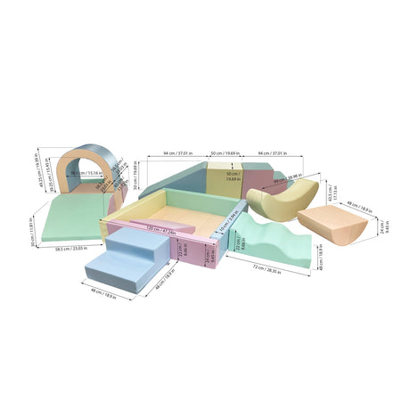 Bunte Spielmodule aus Schaumstoff in verschiedenen Formen und Größen