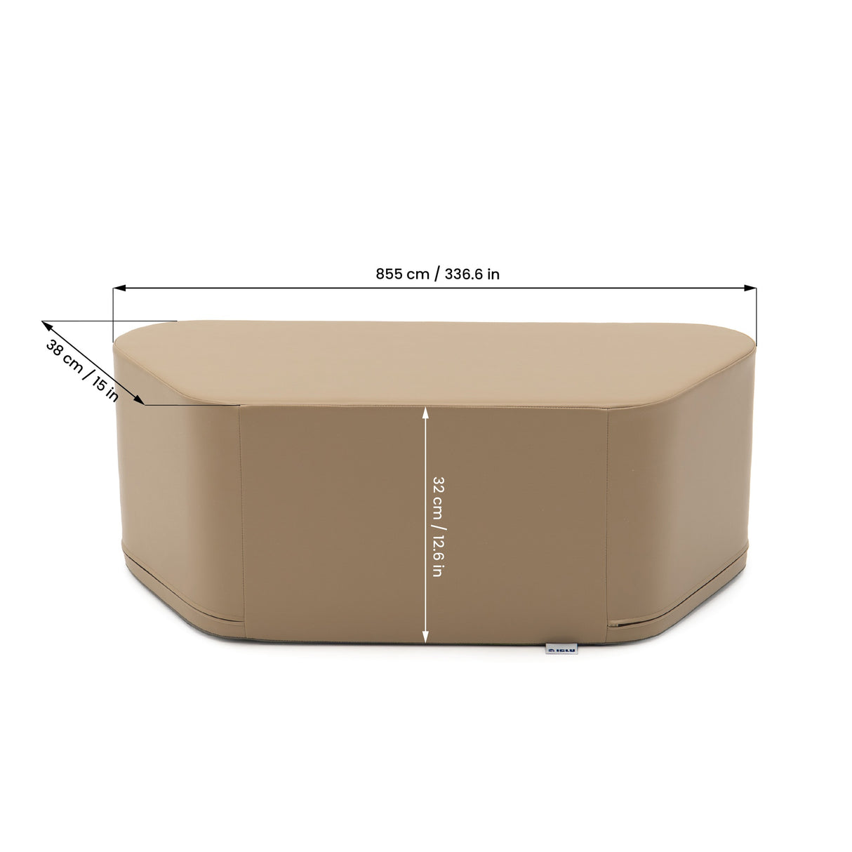 Beige, gepolsterter Hocker mit abgerundeten Kanten und Maßen angegeben