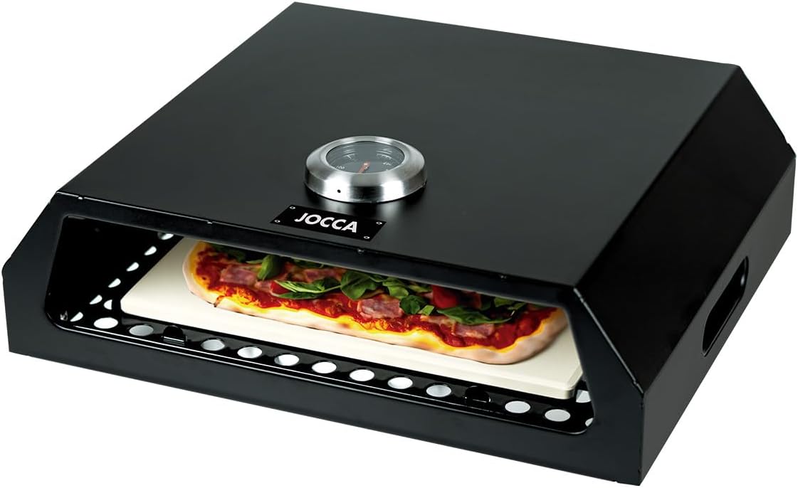 Jocca Pizzaofen Grullzubehör mit Pizza und Pizzastein in der Profilansicht