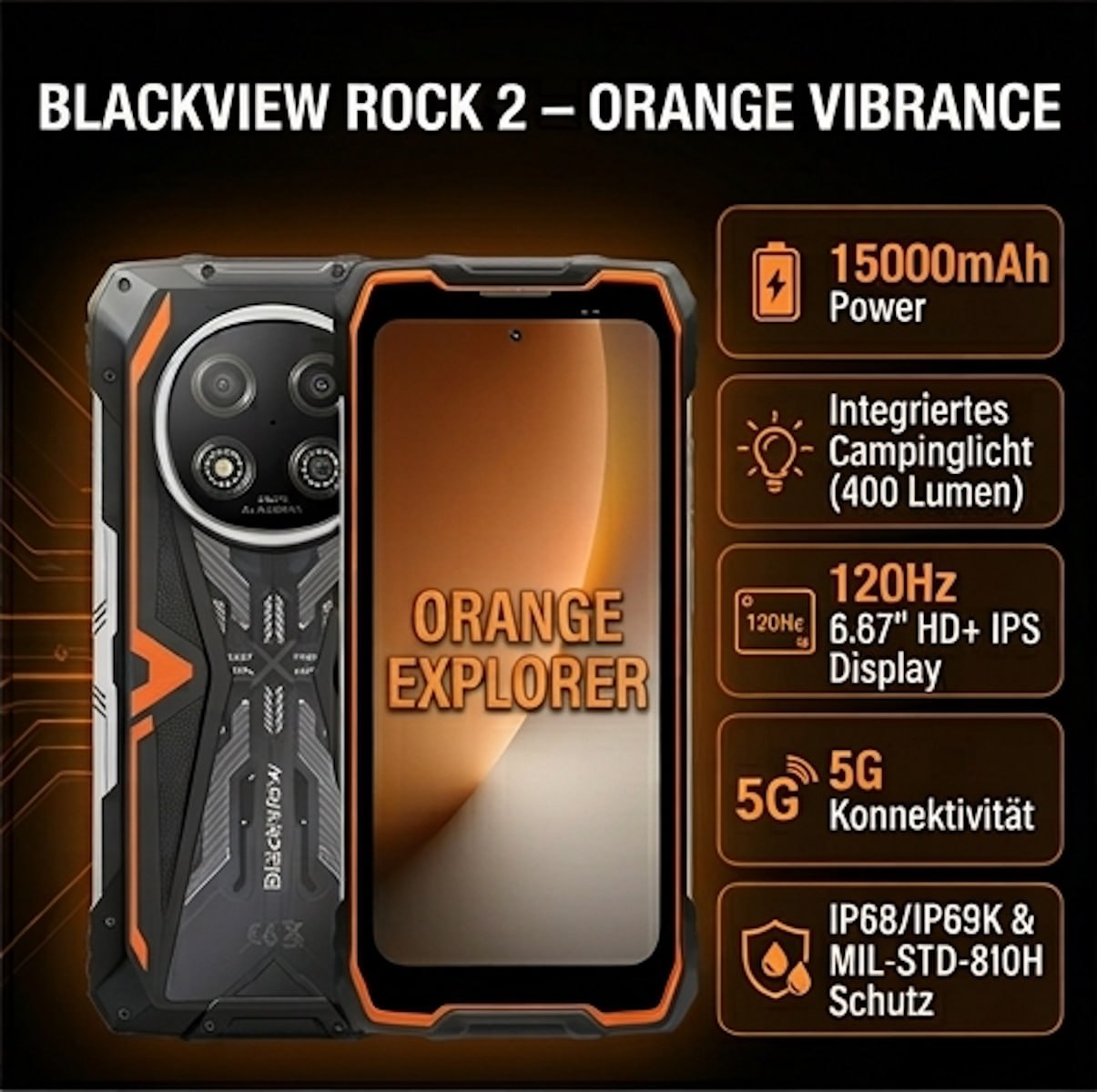 Blackview Rock 2 in Orange mit allen wichtigen USPs