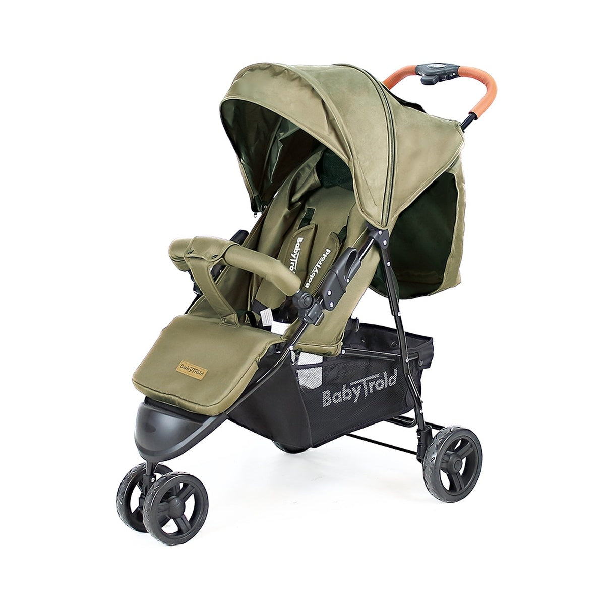 Grüner Kinderwagen mit verstellbarem Sitz und großem Sonnenschutzdach