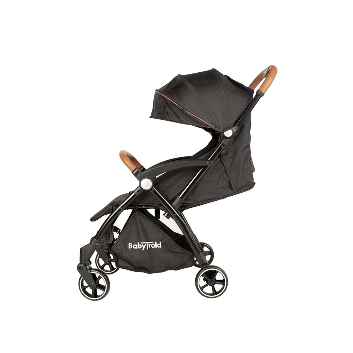 Babytrold Buggy schwarz Seitenansicht ausgeklappter Sitz Sonnenschutz geschlossen
