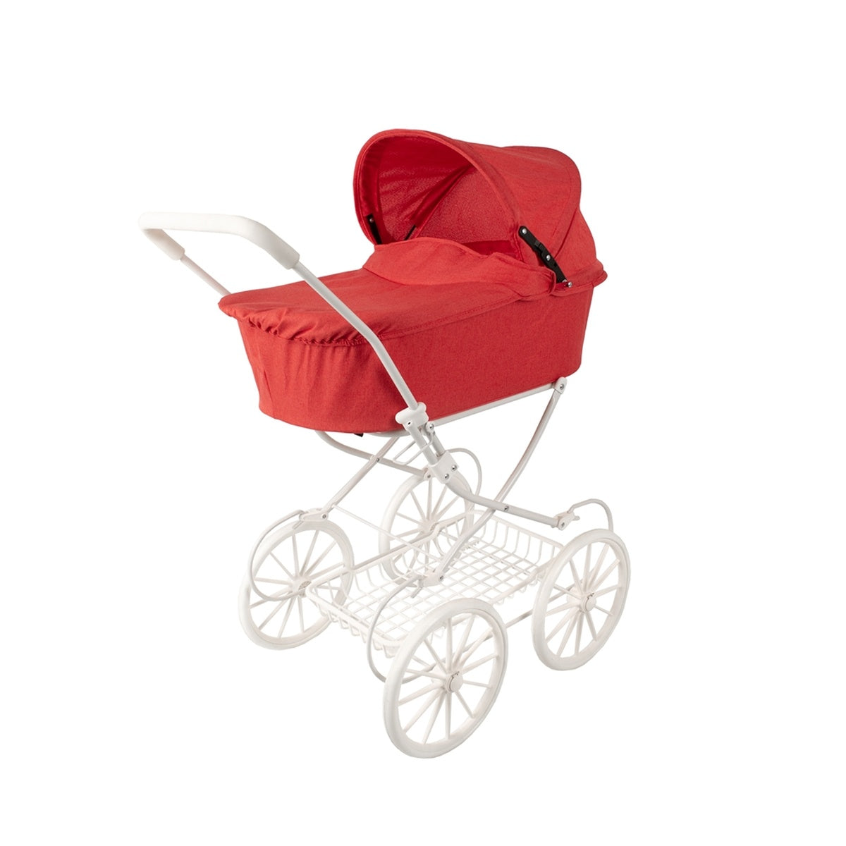Nostalgischer TRILLE Classic Puppenwagen in Rot mit stabilem Stahlgestell und Stoffverkleidung, 77 cm hoch