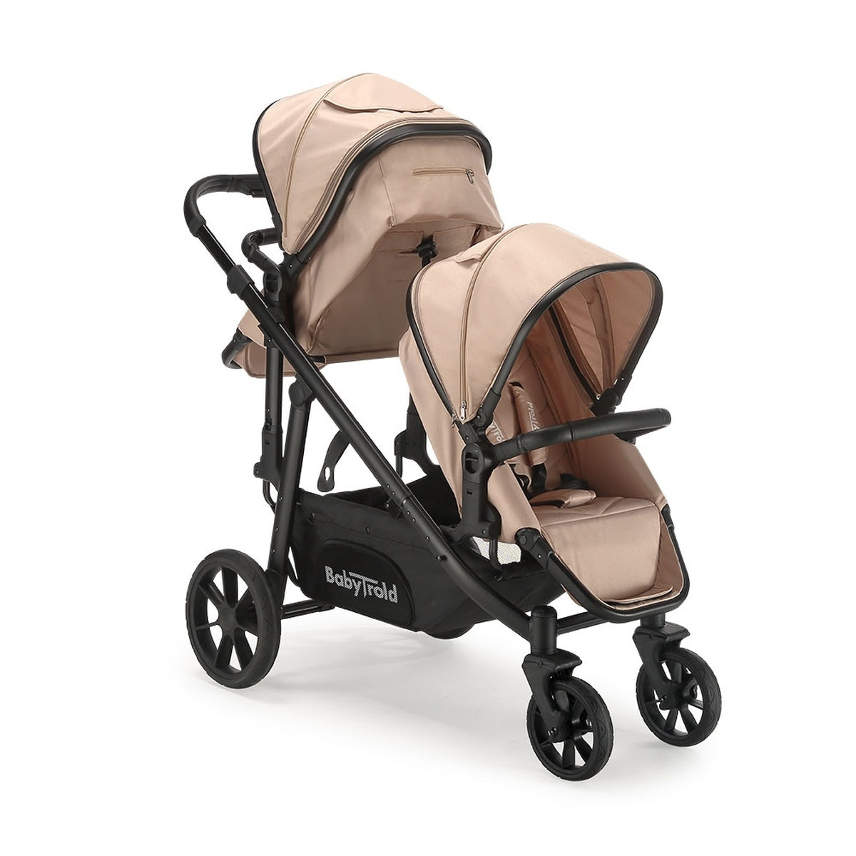 Doppel-Kinderwagen in Beige mit zwei Sitzen und schwarzem Gestell