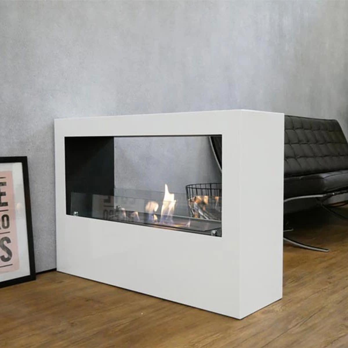 CACH Fires Lansing Bioethanol Standkamin, Weiß, Flammenansicht von 2 Seiten, 3,3 kW, 3,5-Liter-Brenner, 7,5 Stunden Brenndauer