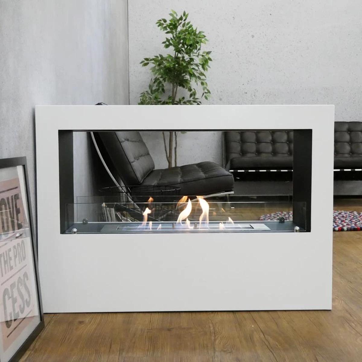 CACH Fires Lansing Bioethanol Standkamin, Weiß, Flammenansicht von 2 Seiten, 3,3 kW, 3,5-Liter-Brenner, 7,5 Stunden Brenndauer