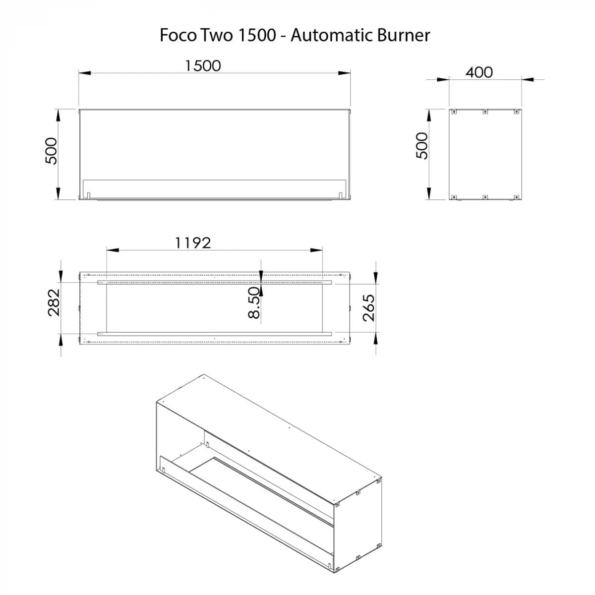 CACH Fires Foco Two 1500, doppelseitiger eingebauter Biokamin, für Trennwände und TV-Wände, 6,4 kW, 9,4 kW