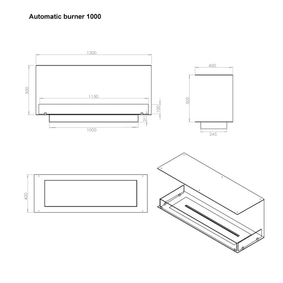 CACH Fires Foco Three 1200, dreiseitiger Bioethanol-Kamin, wandmontierte Installation, manueller oder automatischer Brenner, 6,2 kW