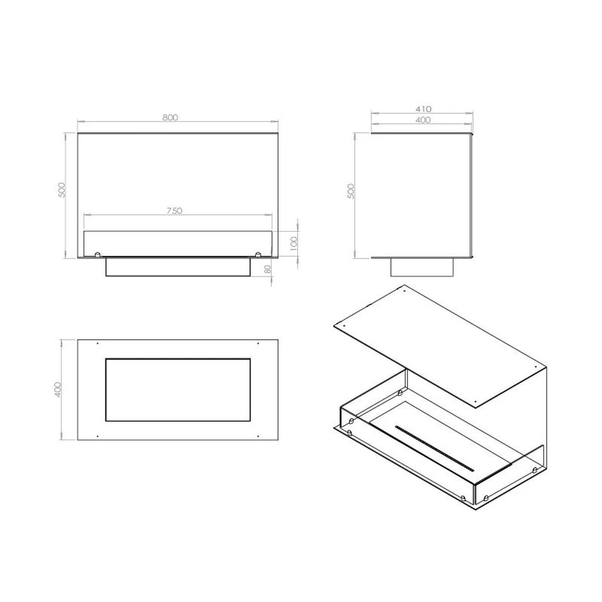 CACH Fires Foco Three 800, dreiseitiger Bioethanol-Kamin zur Wandmontage, manueller oder automatischer Brenner, 3,2 kW