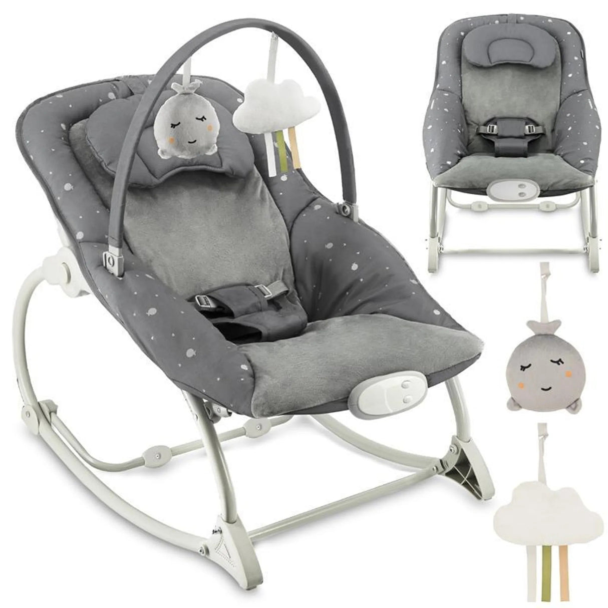 Grau gepolsterter Baby-Schaukelstuhl mit Spielbogen und hängenden Spielzeugen