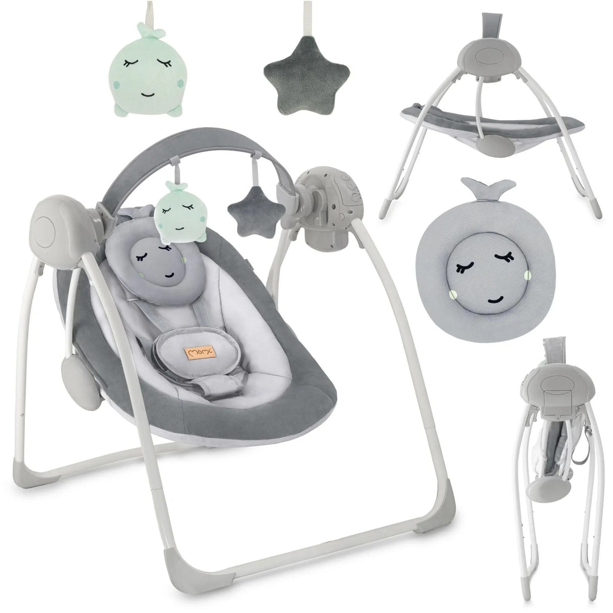 Schwenkbarer Baby-Schaukelstuhl mit Spielzeuganhängern in Grau und Weiß