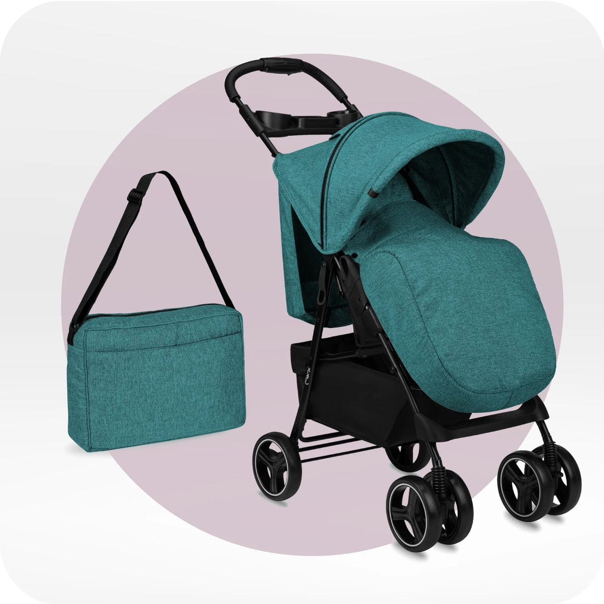 Kinderwagen in Türkis mit Tragetasche und klappbarem Design
