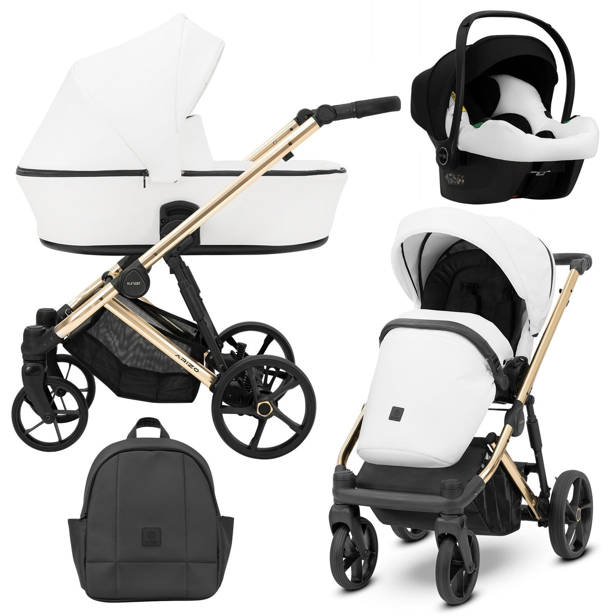 Kombikinderwagen in drei Ansichten: links Seitenansicht mit Babywanne, rechts Frontansicht mit Sportsitz, unten Vorderansicht eines passenden Rucksacks, rechts oben Ansicht eines passenden Autositz dazu.