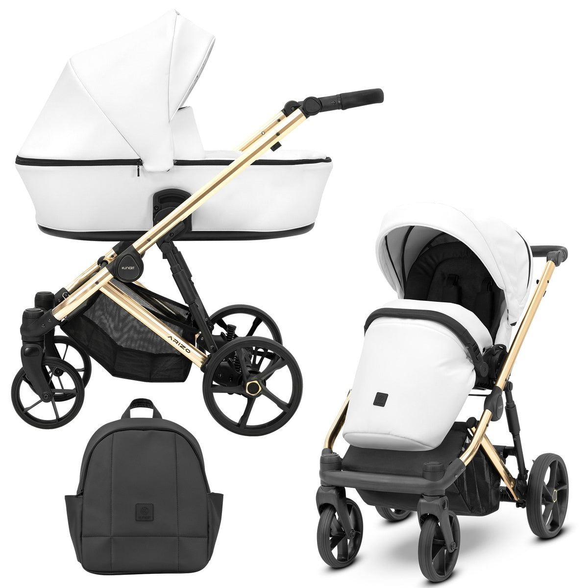 Kombikinderwagen in drei Ansichten: links Seitenansicht mit Babywanne, rechts Frontansicht mit Sportsitz, unten Vorderansicht eines passenden Rucksacks.