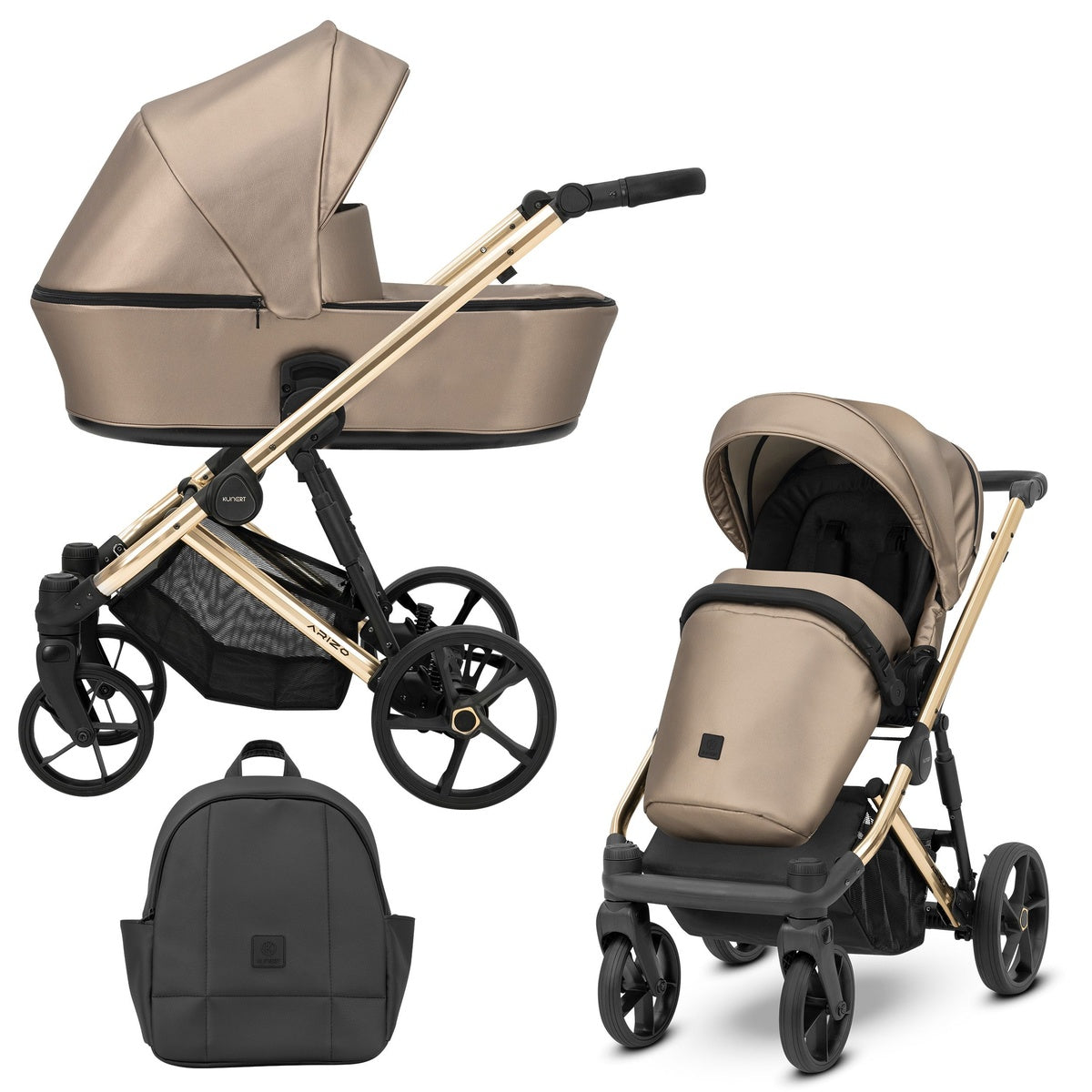 Kombikinderwagen in drei Ansichten: links Seitenansicht mit Babywanne, rechts Frontansicht mit Sportsitz, unten Vorderansicht eines passenden Rucksacks.