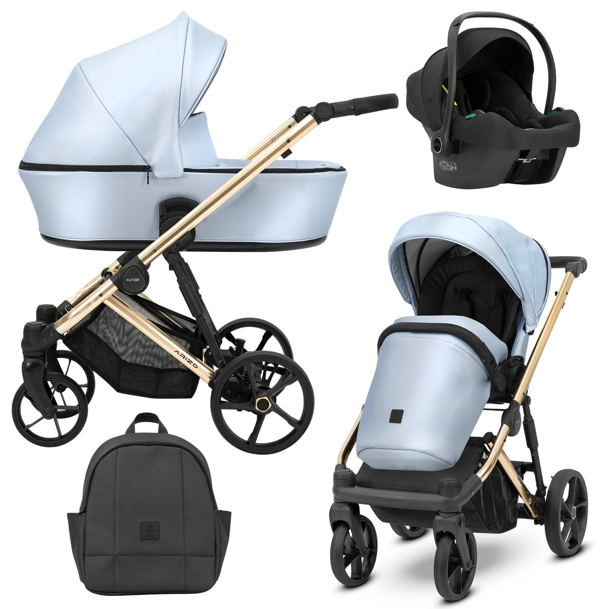 Kombikinderwagen in drei Ansichten: links Seitenansicht mit Babywanne, rechts Frontansicht mit Sportsitz, unten Vorderansicht eines passenden Rucksacks, rechts oben Ansicht eines passenden Autositz dazu.