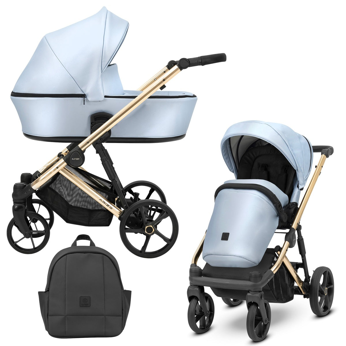 Kombikinderwagen in drei Ansichten: links Seitenansicht mit Babywanne, rechts Frontansicht mit Sportsitz, unten Vorderansicht eines passenden Rucksacks.