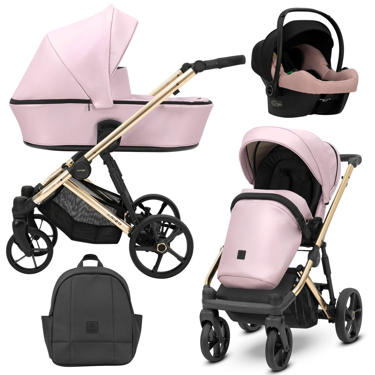 Kombikinderwagen in drei Ansichten: links Seitenansicht mit Babywanne, rechts Frontansicht mit Sportsitz, unten Vorderansicht eines passenden Rucksacks, rechts oben Ansicht eines passenden Autositz dazu.
