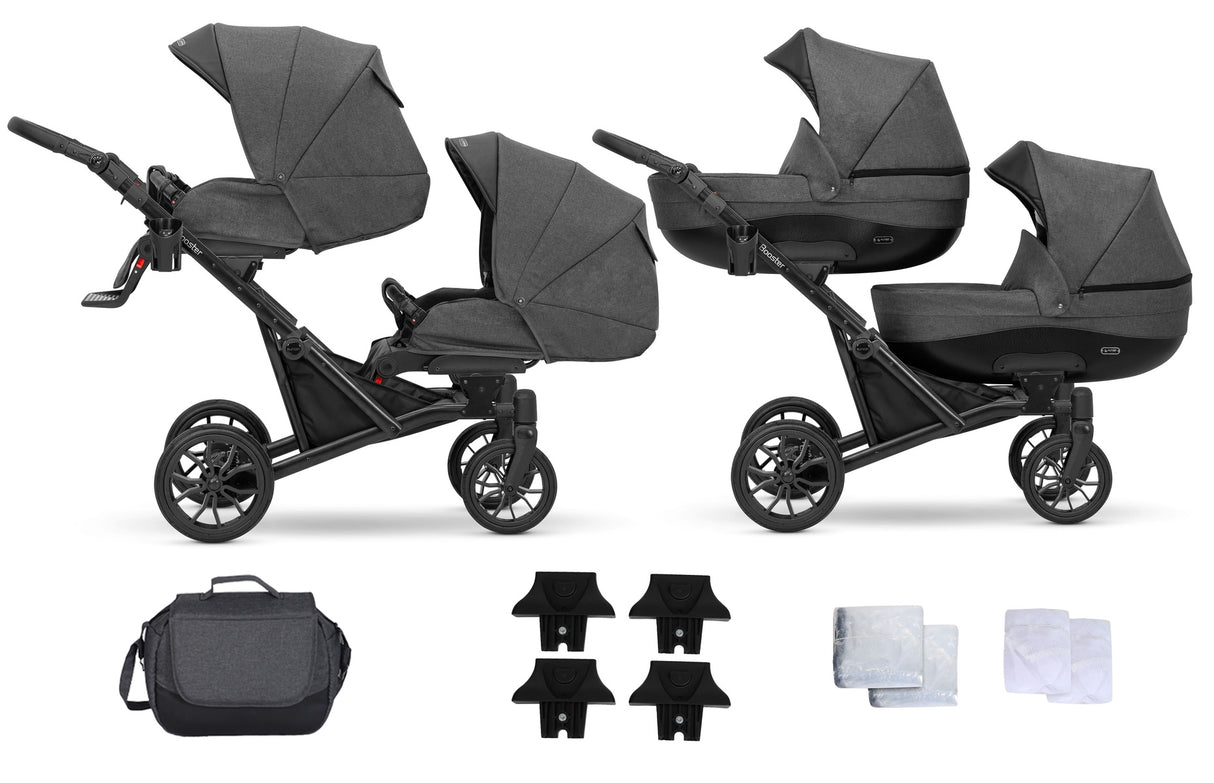Zwillingskinderwagen-Set, Ansicht bestehend aus zwei 2-in-1 Kinderwagen in Graphit mit schwarzem Rahmen sowie Tasche, 2x Regenschutzfolie, 2x Moskitonetz und 4x Befestigungselemente.