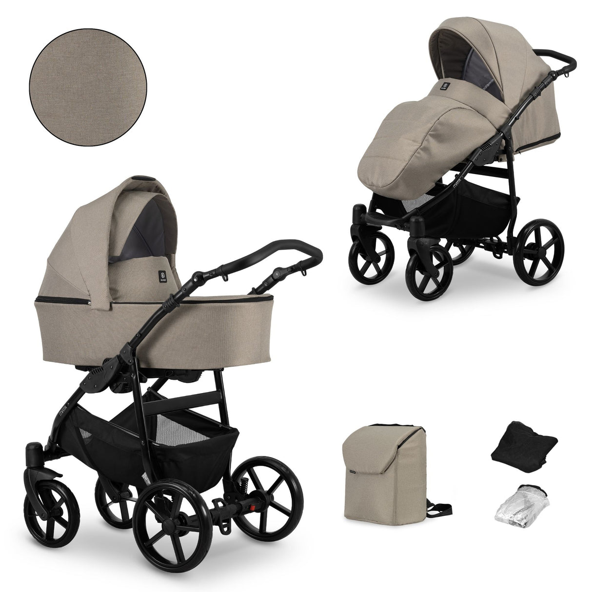 Kombikinderwagen in zwei Ansichten: links Seitenansicht mit Babywanne, rechts Frontansicht mit Sportsitz, unten Vorderansicht einer passenden Tragetasche und zwei Zubehörtaschen.