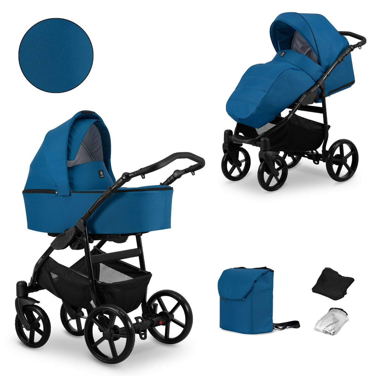 Kombikinderwagen in zwei Ansichten: links Seitenansicht mit Babywanne, rechts Frontansicht mit Sportsitz, unten Vorderansicht einer passenden Tragetasche und zwei Zubehörtaschen.