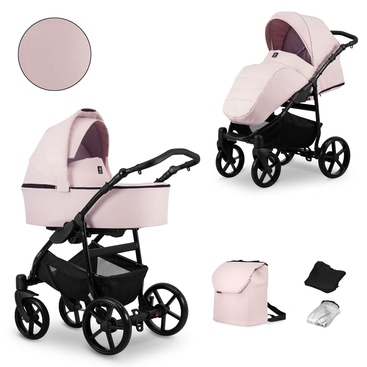 Kombikinderwagen in zwei Ansichten: links Seitenansicht mit Babywanne, rechts Frontansicht mit Sportsitz, unten Vorderansicht einer passenden Tragetasche und zwei Zubehörtaschen.
