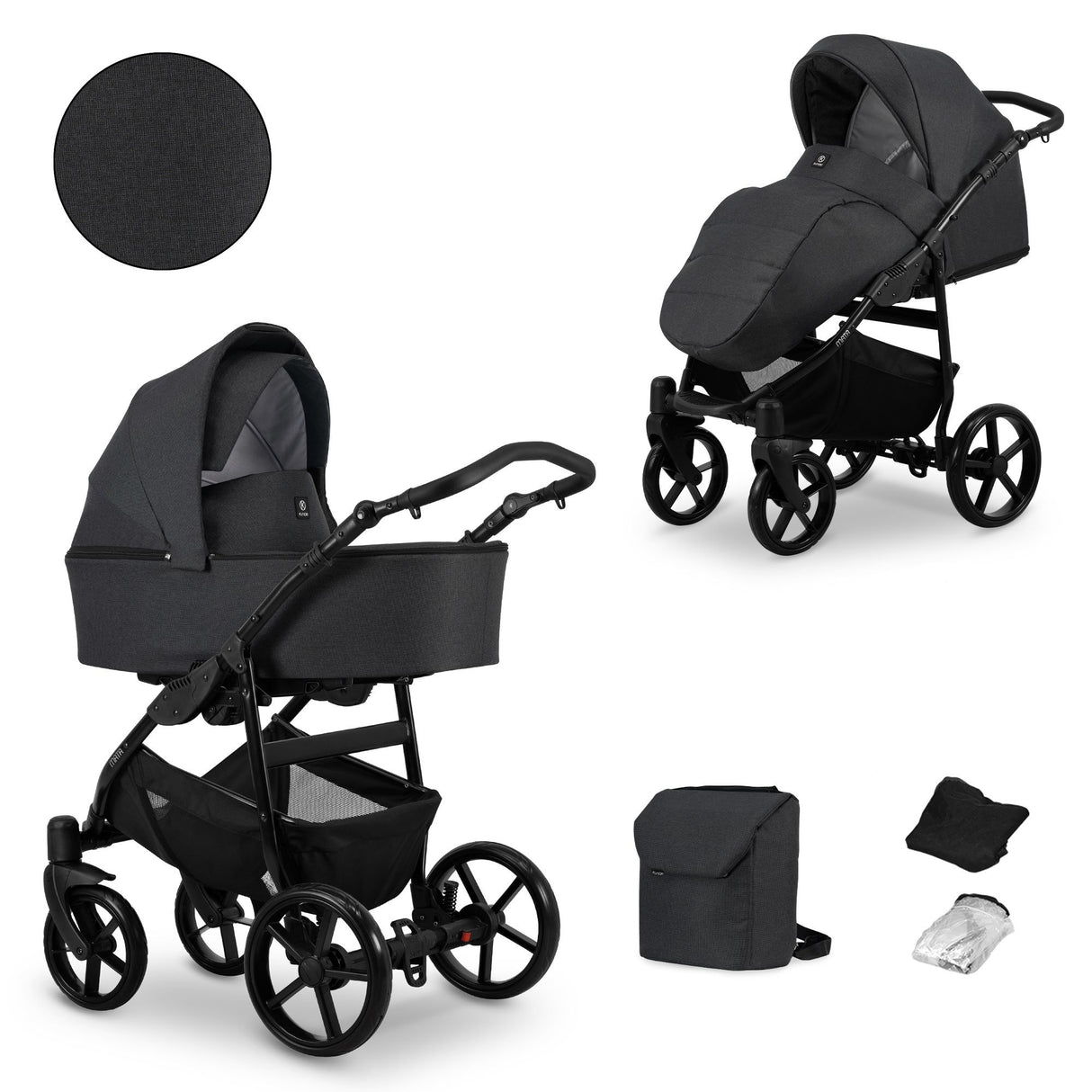 Kombikinderwagen in zwei Ansichten: links Seitenansicht mit Babywanne, rechts Frontansicht mit Sportsitz, unten Vorderansicht einer passenden Tragetasche und zwei Zubehörtaschen.