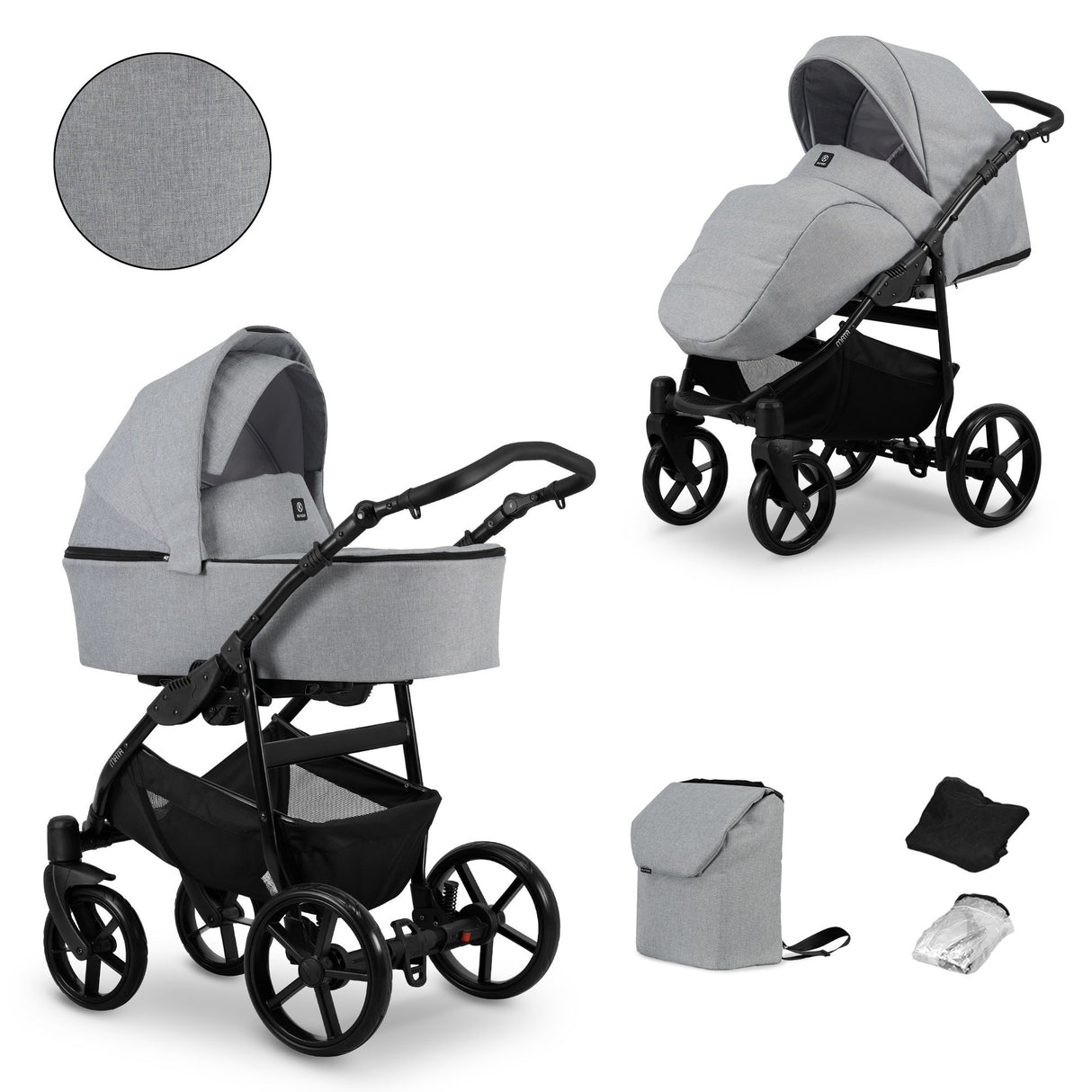Kombikinderwagen in zwei Ansichten: links Seitenansicht mit Babywanne, rechts Frontansicht mit Sportsitz, unten Vorderansicht einer passenden Tragetasche und zwei Zubehörtaschen.