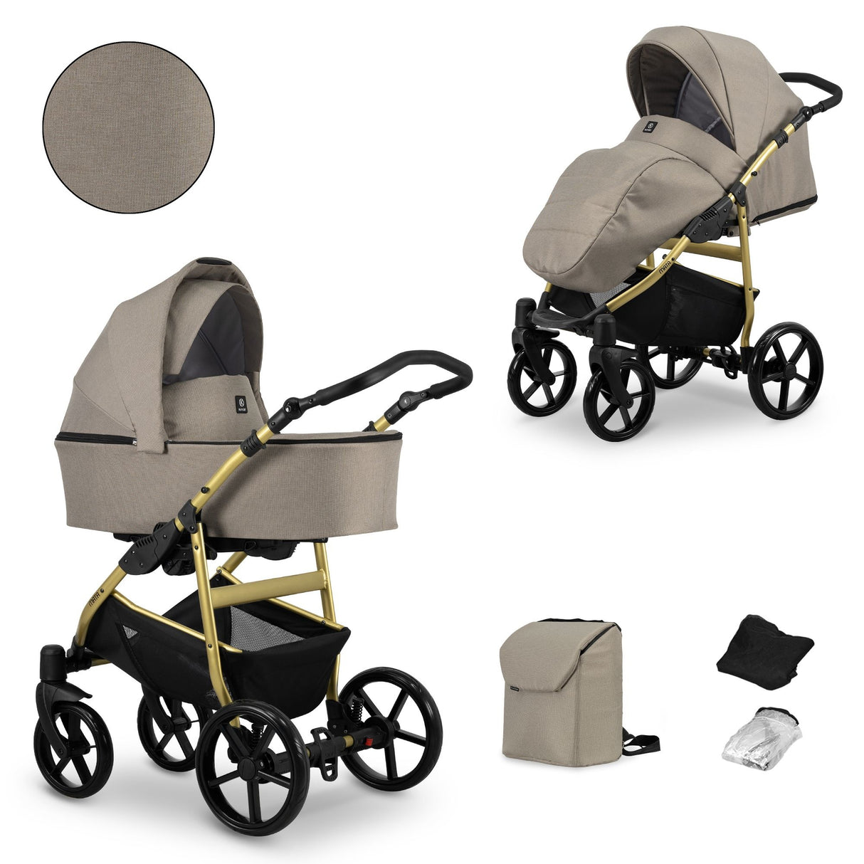 Kombikinderwagen in zwei Ansichten: links Seitenansicht mit Babywanne, rechts Frontansicht mit Sportsitz, unten Vorderansicht einer passenden Tragetasche und zwei Zubehörtaschen.