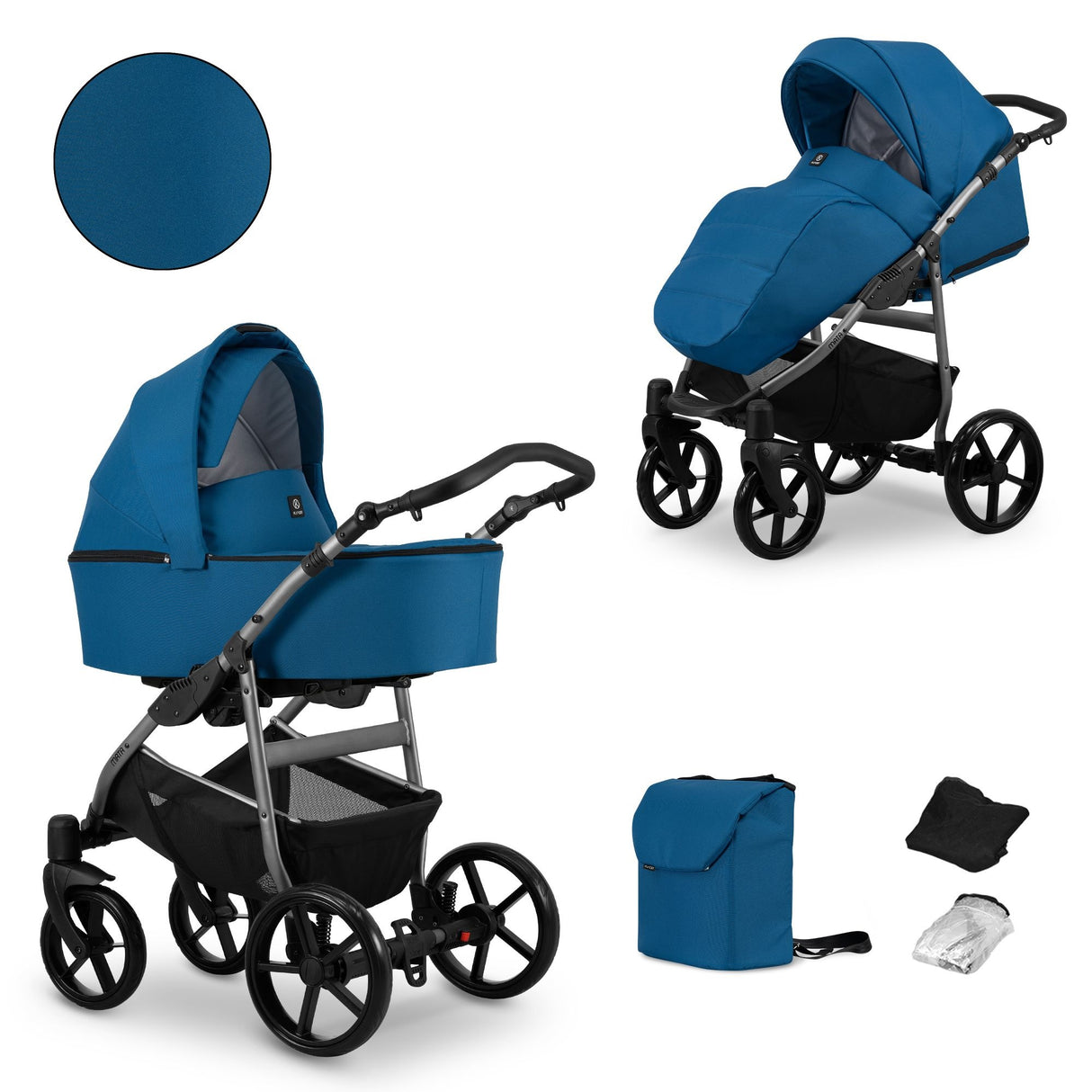 Kombikinderwagen in zwei Ansichten: links Seitenansicht mit Babywanne, rechts Frontansicht mit Sportsitz, unten Vorderansicht einer passenden Tragetasche und zwei Zubehörtaschen.