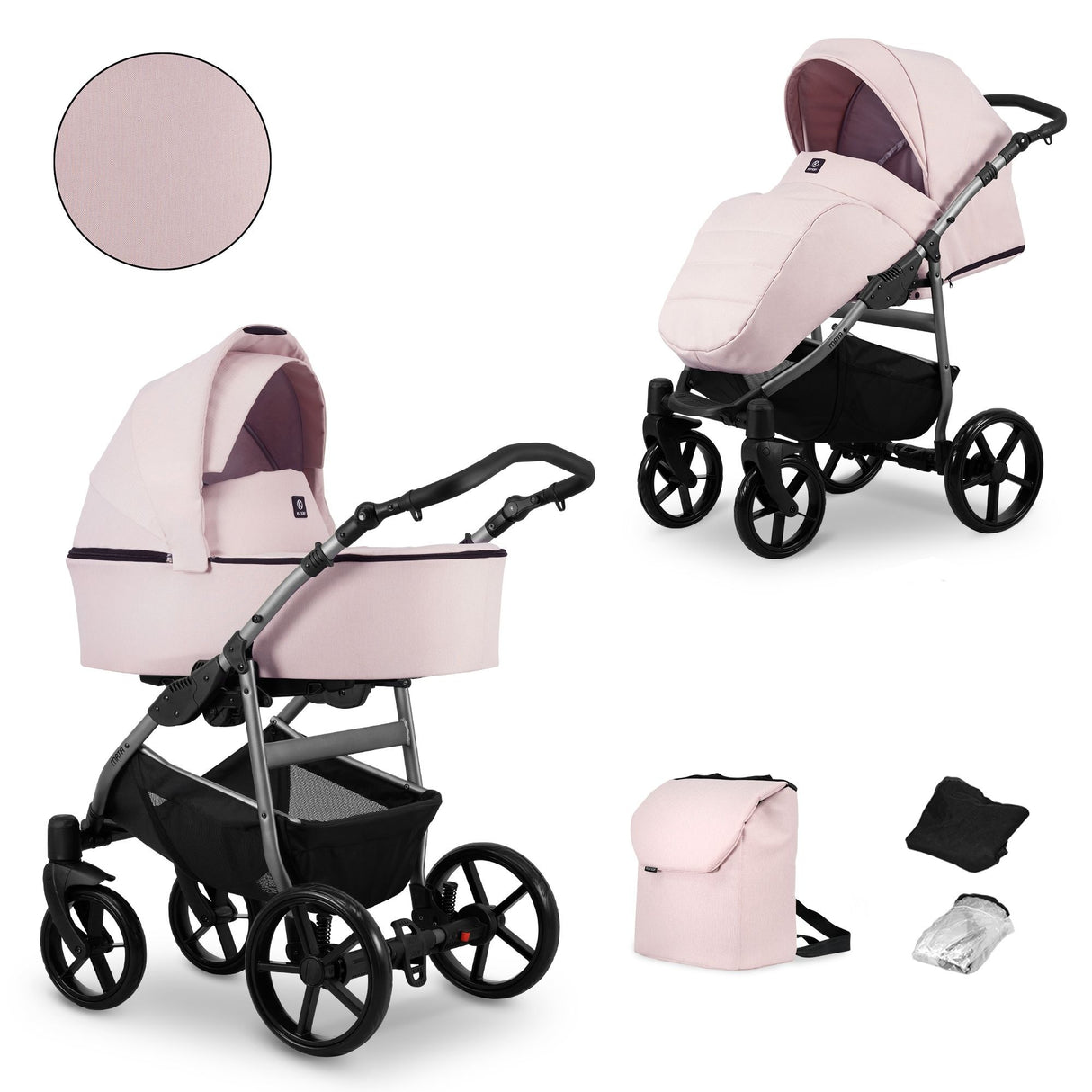 Kombikinderwagen in zwei Ansichten: links Seitenansicht mit Babywanne, rechts Frontansicht mit Sportsitz, unten Vorderansicht einer passenden Tragetasche und zwei Zubehörtaschen.