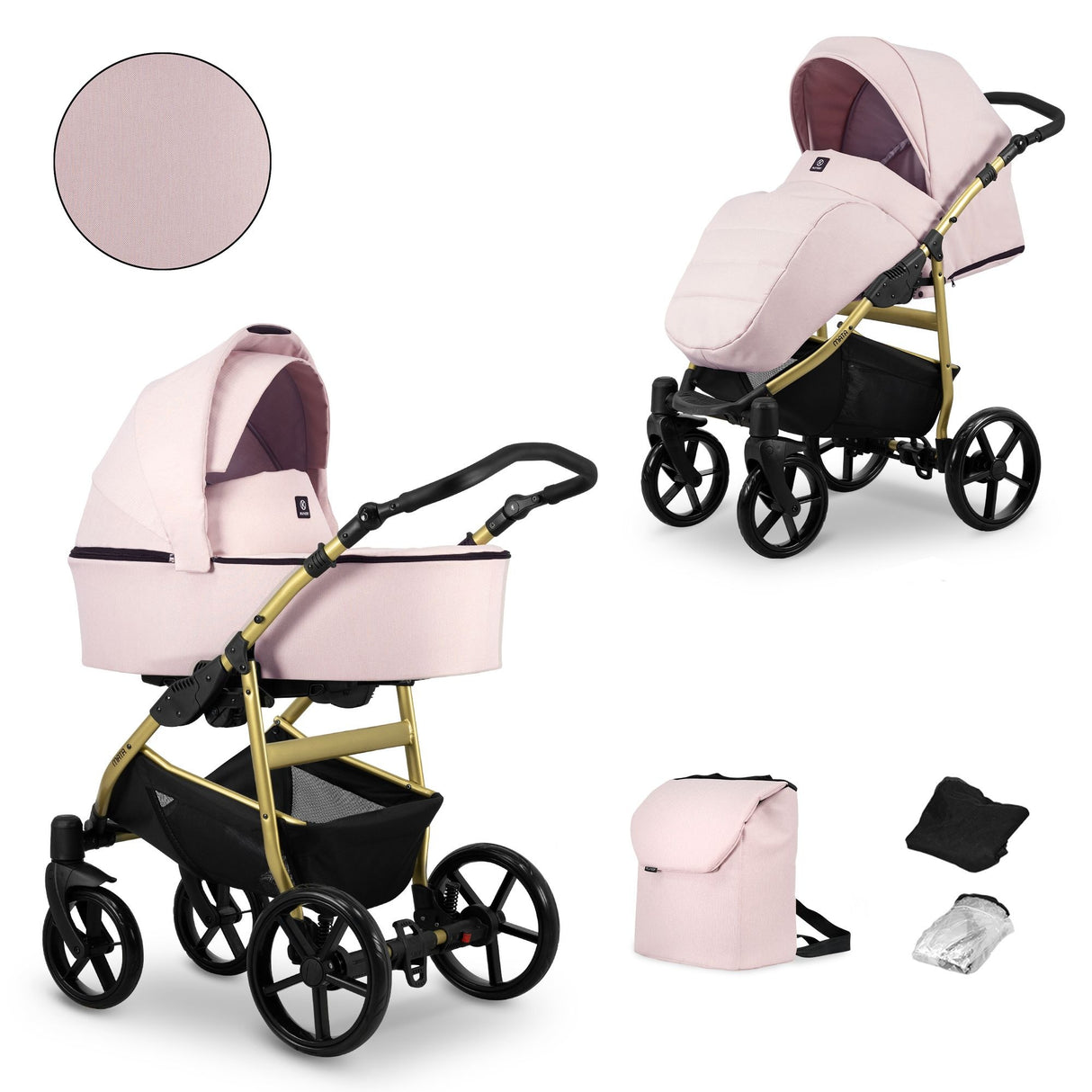 Kombikinderwagen in zwei Ansichten: links Seitenansicht mit Babywanne, rechts Frontansicht mit Sportsitz, unten Vorderansicht einer passenden Tragetasche und zwei Zubehörtaschen.