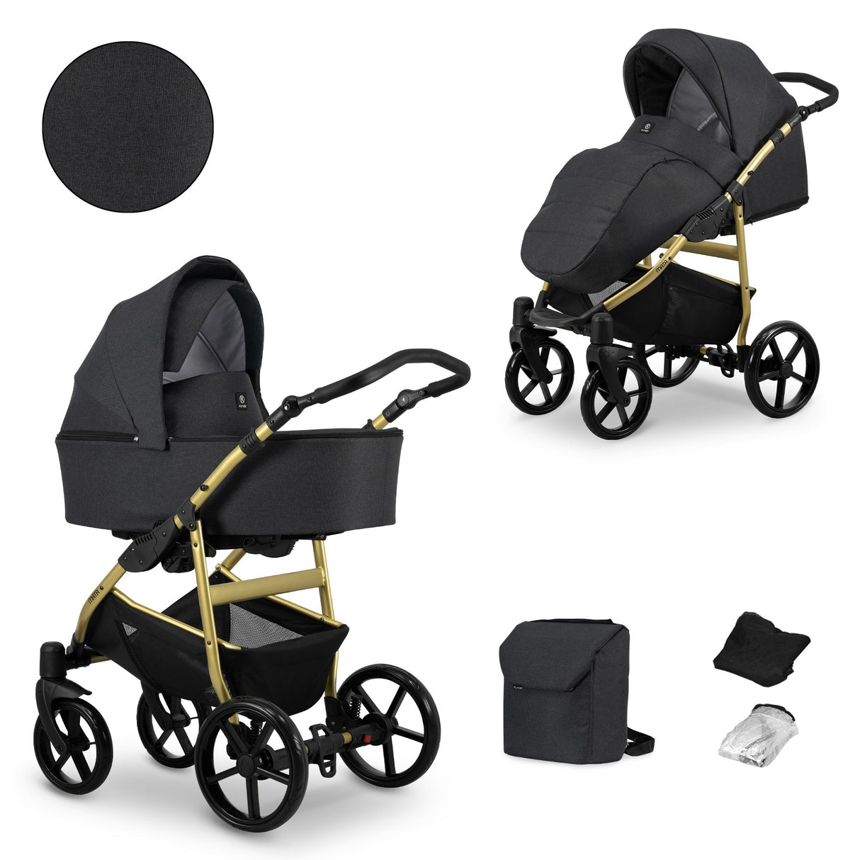 Kombikinderwagen in zwei Ansichten: links Seitenansicht mit Babywanne, rechts Frontansicht mit Sportsitz, unten Vorderansicht einer passenden Tragetasche und zwei Zubehörtaschen.