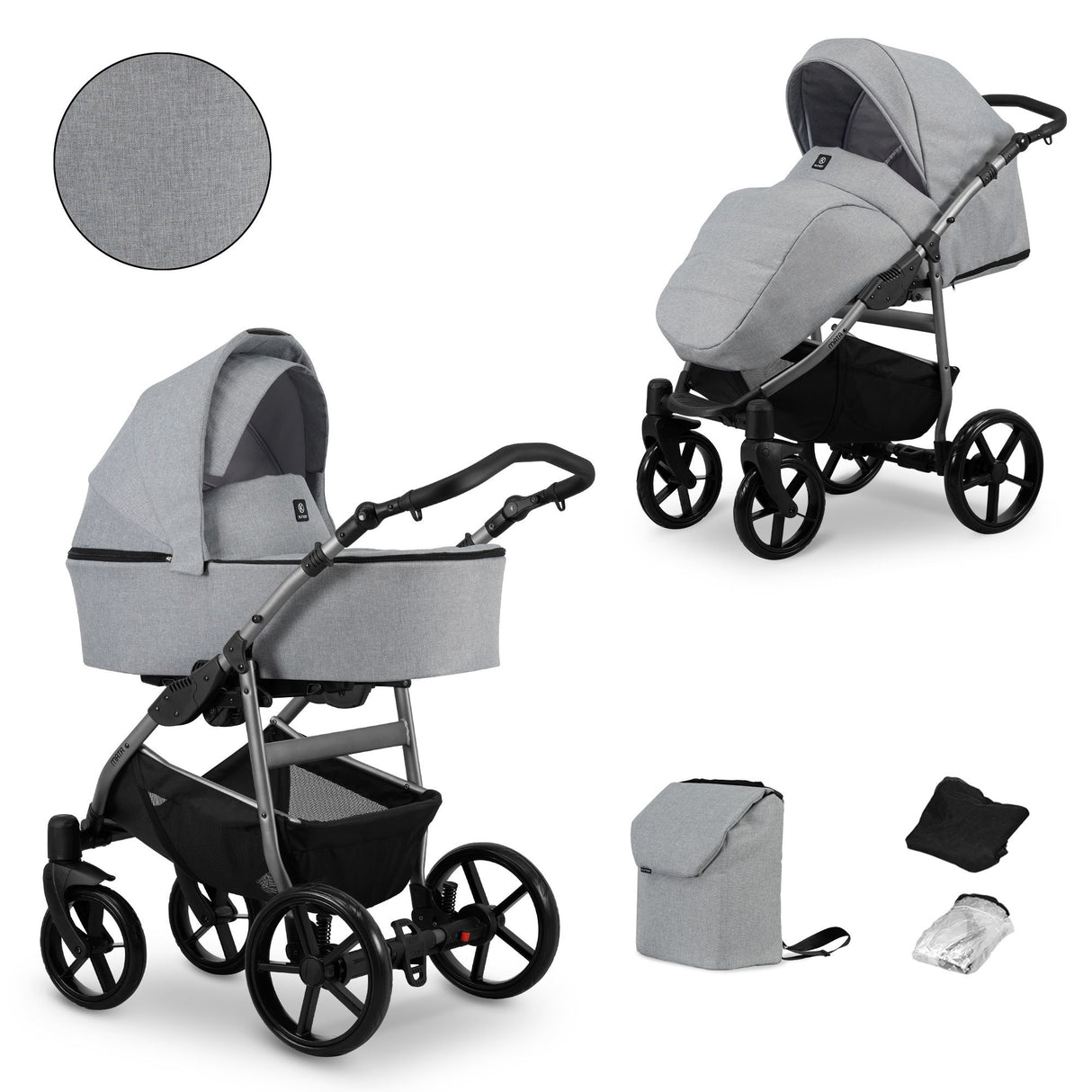 Kombikinderwagen in zwei Ansichten: links Seitenansicht mit Babywanne, rechts Frontansicht mit Sportsitz, unten Vorderansicht einer passenden Tragetasche und zwei Zubehörtaschen.