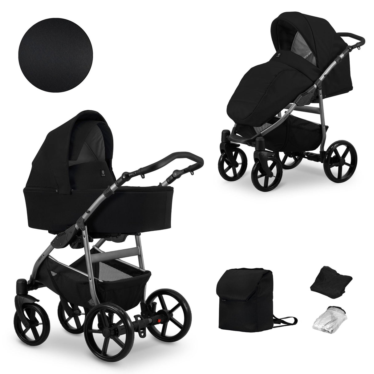 Kombikinderwagen in zwei Ansichten: links Seitenansicht mit Babywanne, rechts Frontansicht mit Sportsitz, unten Vorderansicht einer passenden Tragetasche und zwei Zubehörtaschen.