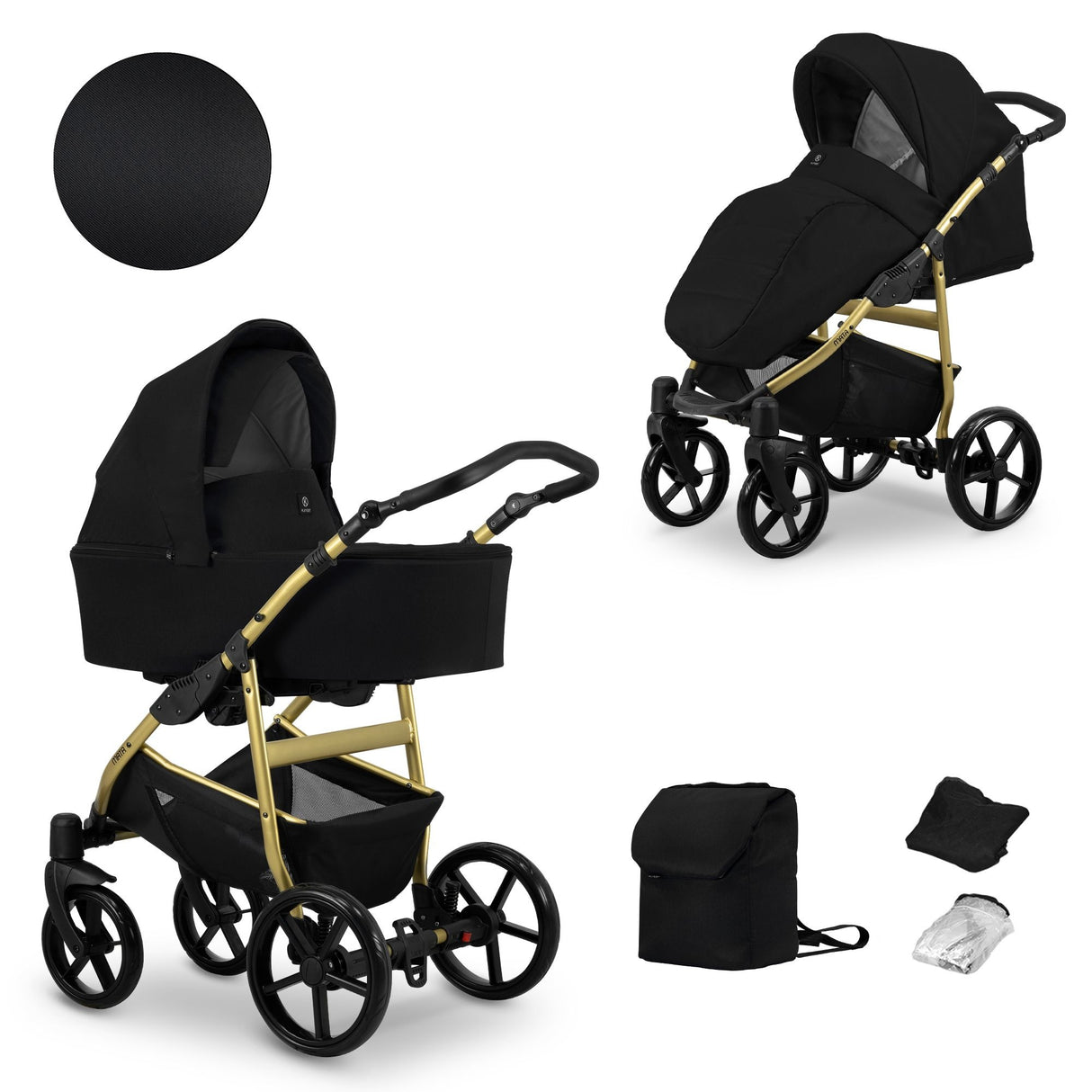 Kombikinderwagen in zwei Ansichten: links Seitenansicht mit Babywanne, rechts Frontansicht mit Sportsitz, unten Vorderansicht einer passenden Tragetasche und zwei Zubehörtaschen.