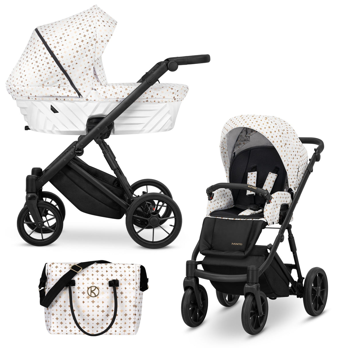 Kombikinderwagen in drei Ansichten: links Seitenansicht mit Babywanne, rechts Frontansicht mit Sportsitz, unten Vorderansicht eines passenden Rucksacks.