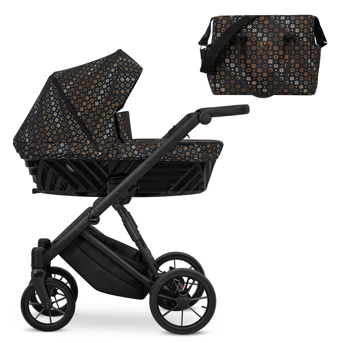 Kombikinderwagen in drei Ansichten: links Seitenansicht mit Babywanne, rechts Frontansicht mit Sportsitz, unten Vorderansicht eines passenden Rucksacks.