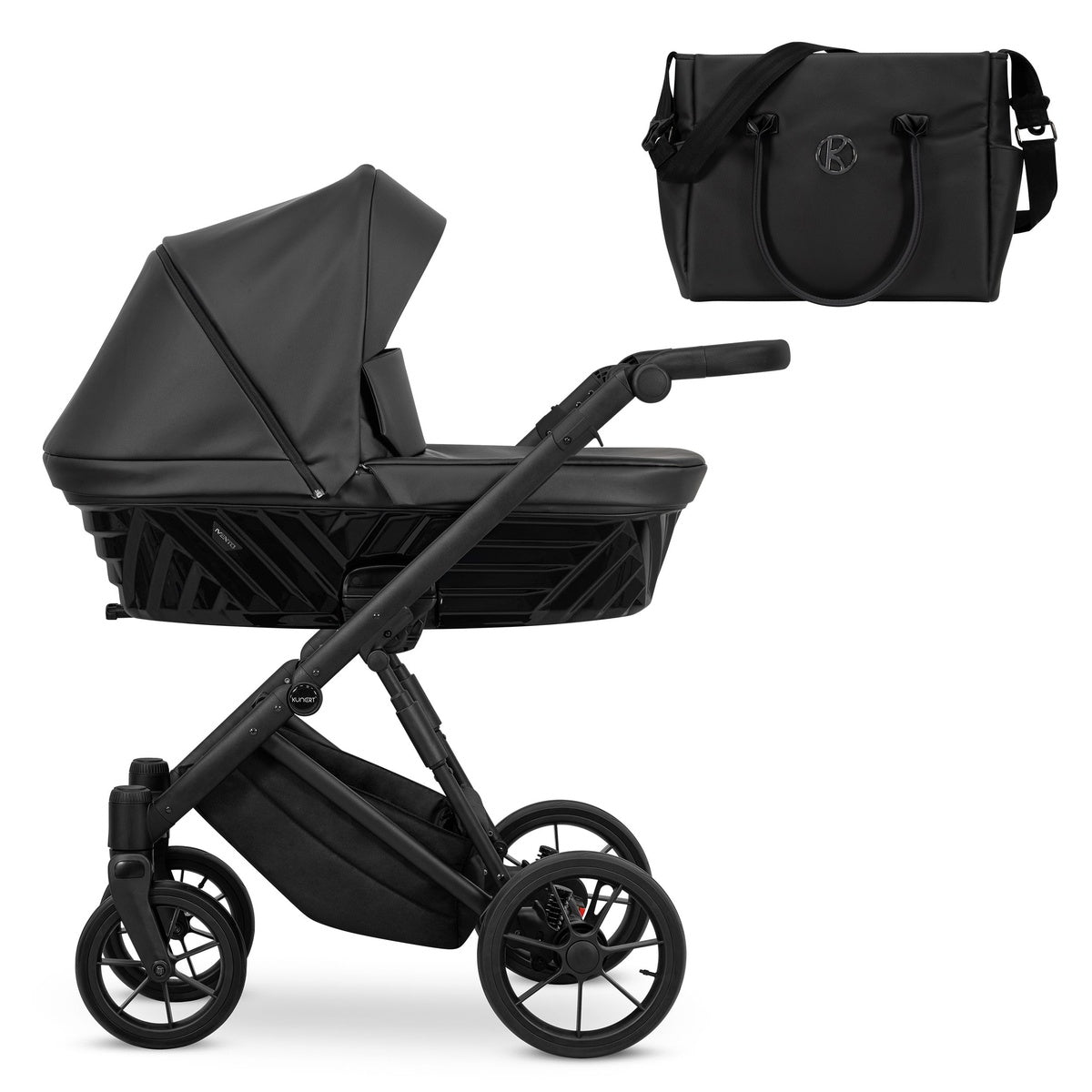 Kombikinderwagen in drei Ansichten: links Seitenansicht mit Babywanne, rechts Frontansicht mit Sportsitz, unten Vorderansicht eines passenden Rucksacks.